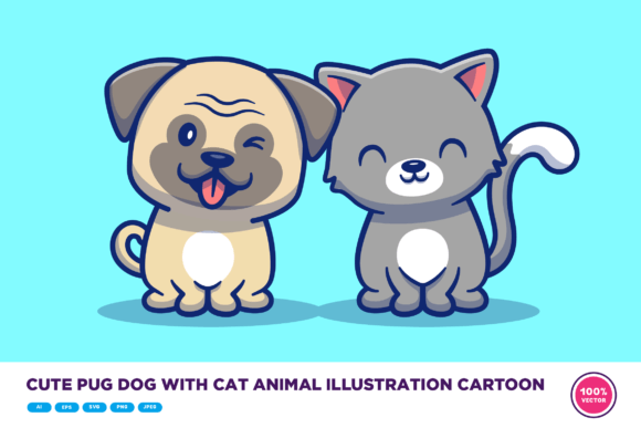 Download Cute Pug Dog and Cat Animal Illustration - Cute Collection