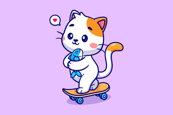 Download Cute Cat Holding Fish on Skateboard - Cute Collection