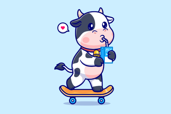 Download Cute Cow Drinking Milk on Skateboard - Cute Collection