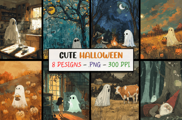 Download Cute Halloween Ghosts Illustrations PNG - Cute Collection
