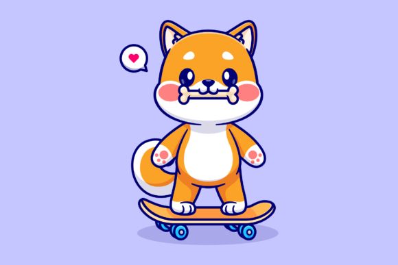 Download Cute Shiba Inu Bite Bone on Skateboard - Cute Collection