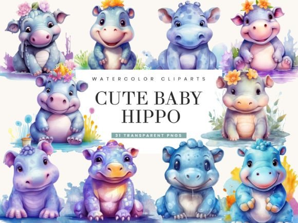 Download Watercolor Cute Baby Hippo Clipart Png - Cute Collection